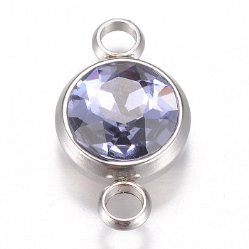 Glass Links connectors, Faceted, with 304 Stainless Steel Findings, Flat Round, Stainless Steel Color, Lilac, 17.5x10x6.5mm, Hole: 2.5mm