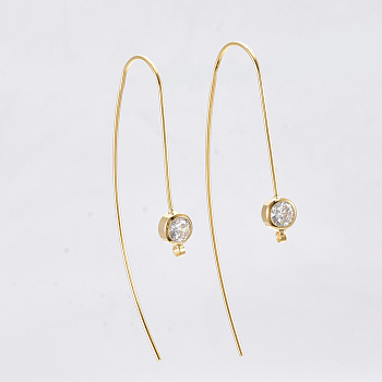 Brass Cubic Zirconia Earring Hooks, Ear Wire, with Horizontal Loop, Clear, Nickel Free, Real 18K Gold Plated, 49x5mm, Hole: 1.2mm, 21 Gauge, Pin: 0.7mm