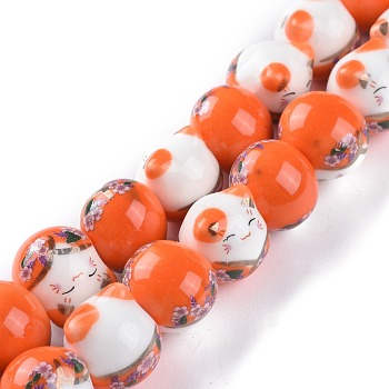 Handmade Printed Porcelain Beads, Lucky Cat with Flower Pattern, Orange, 15mm, Hole: 2.3mm, about 25pcs/Strand, 13.58''(34.5cm)