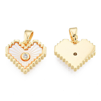 Natural Freshwater Shell Charms, with Brass Pave Clear Cubic Zirconia Findings, Real 18K Gold Plated, Nickel Free, Heart, Creamy White, 12x14x2.5mm, Hole: 2x4mm