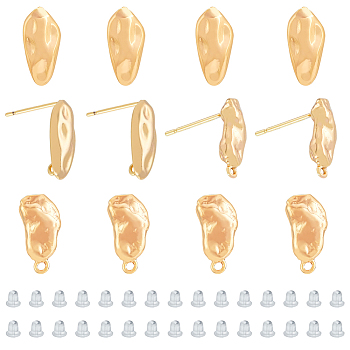 12Pcs 2 Style Brass Stud Earring Findings, with Horizontal Loops and 30Pcs Plastic Ear Nutss, Real 18K Gold Plated, 13.5x6.5mm, Hole: 1.2mm, 16.5x7.5mm, Hole: 1.4mm, Pin: 0.7mm, 6Pcs/style