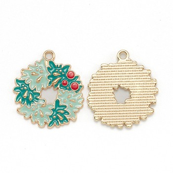 Alloy Enamel Pendants, for Christmas, Light Gold, Garland, Turquoise, 29x26x2mm, Hole: 2mm