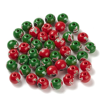 Christmas Printed Wood European Beads, Large Hole Beads, Round, Mixed Color, 16x14.5mm, Hole: 4mm