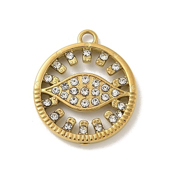 304 Stainless Steel Rhinestone Pendants, Horse Eye, Golden, 21x18x2.5mm, Hole: 2mm