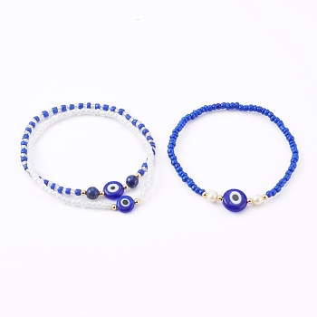 Glass Seed Beaded Stretch Bracelets, Stackable Bracelets, with Natural Pearl & Lapis Lazuli(Dyed) Beads and Evil Eye Lampwork Beads, Blue, Inner Diameter: 2-1/8~2-1/4 inch(5.4~5.6cm), 3pcs/set