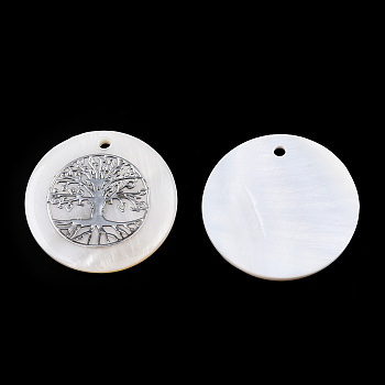 Freshwater Shell Pendants, Covered with Iron Findings, Flat Round with Tree of Life, Platinum, 30~31x2~3mm, Hole: 1.8mm