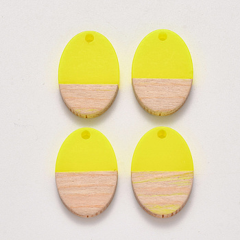 Resin & Wood Pendants, Waxed, Oval, Yellow, 23x15.5x3~4mm, Hole: 2mm