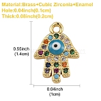 1Pc Brass Micro Pave Cubic Zirconia Charms, with Enamel, Hamsa Hand/Hand of Fatima/Hand of Miriam with Evil Eye, Golden, 14x10x2mm, Hole: 1mm(KK-YW0002-49)