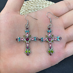 Cross Bohemian Style Alloy Crystal Rhinestone Dangle Earrings, Platinum, Colorful, 35x26mm(FS-WG32634-02)