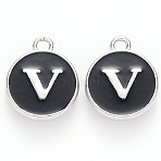 Platinum Plated Alloy Charms, Cadmium Free & Lead Free, with Enamel, Enamelled Sequins, Flat Round with Letter, Letter.V, 14x12x2mm, Hole: 1.5mm(X-ENAM-S118-02V-P)