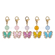 Butterfly Alloy Enamel Pendant Decorations, with Natural & Dyed Malaysia Jade Beads and 304 Stainless Steel Lobster Claw Clasps, Mixed Color, 30mm(HJEW-JM01776)