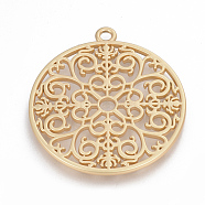 Alloy Pendants, Matte Style, Flat Round with Flower, Cadmium Free & Nickel Free & Lead Free
, Real 14K Gold Plated, 49.5x44.5x2.5mm, Hole: 3mm(PALLOY-Q357-61MG-NR)