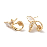 Golden Brass Micro Pave Cubic Zirconia Stud Earring Findings, with Shell, Earring Settings for Half Drilled Beads, Leaf, Tray: 4mm, 22x14.5mm, Pin: 11x0.7mm and 0.9mm(KK-P253-04B-G)