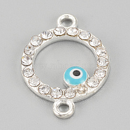 Alloy Rhinestone Links connectors, Cadmium Free & Lead Free, Ring with Evil Eye, Sky Blue, Silver Color Plated, 19.5x14x2mm, Hole: 1mm(ALRI-S170-23S)