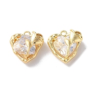 Glass Charms, with Brass Findings, Heart with Rose Charm, Real 18K Gold Plated, 12.5x12.5x7mm, Hole: 1.4mm(KK-F867-21G)