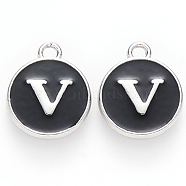 Platinum Plated Alloy Charms, Cadmium Free & Lead Free, with Enamel, Enamelled Sequins, Flat Round with Letter, Letter.V, 14x12x2mm, Hole: 1.5mm(X-ENAM-S118-02V-P)