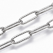 304 Stainless Steel Textured Paperclip Chains, Drawn Elongated Cable Chains, Soldered, Stainless Steel Color, 12x4x1mm, about 39.37 inch(1m)/strand(CHS-S006-JN954-1)