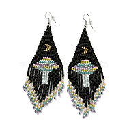 Boho Seed Bead Mushroom Tassel Earrings, Iron Dangle Earring for Women, Black, 120x38mm(EJEW-Q380-06)