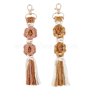 2Pcs 2 Colors Handmade Macrame Woven Cotton Flower Pendant Decorations, with Golden Tone Alloy Clasp, Mixed Color, 200~205mm, 1pc/color(HJEW-FH0001-34A)
