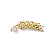 Rhinestone Wheat Brooch Pin with Plastic Pearl Beaded, Alloy Lapel Pin for Backpack Clothes, Light Gold, 59x16x4mm(PALLOY-K002-02KCG-01)