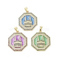 Rack Plating Brass Micro Pave Clear Cubic Zirconia Pendants, with Enamel, Long-Lasting Plated, Lead Free & Cadmium Free, Hexagon & Castle Charms, Mixed Color, 27.5x25x3mm, Hole: 3.5x6mm(KK-H474-22G)