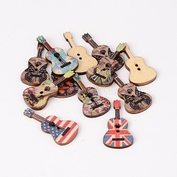 2-Hole Guitar Printed Wooden Sewing Buttons, Mixed Color, 36x18x3mm, Hole: 2mm(BUTT-M011-77)