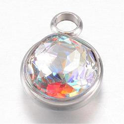 304 Stainless Steel Glass Rhinestone Charms, Faceted, Flat Round, Colorful, 14x10x7mm, Hole: 2.5mm(STAS-G082-10)