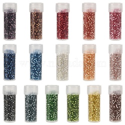 80G 16 Colors Cylinder Seed Beads, Silver Lined, Round Hole, Uniform Size, with 16Pcs Plastic Refillable Bottles, Mixed Color, 2x1.5mm, Hole: 0.8mm, 5g/color (SEED-YW0003-13)