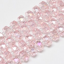 Electroplate Glass Beads Strands, Rainbow Plated, Faceted, Flat Round, Pink, 7~8x5mm, Hole: 1mm, about 80pcs/strand, 21.26 inch(EGLA-Q083-8mm-A06)