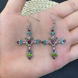 Cross Bohemian Style Alloy Crystal Rhinestone Dangle Earrings, Platinum, Colorful, 35x26mm(FS-WG32634-02)