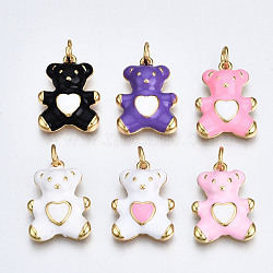 Brass Enamel Pendants, with Jump Rings, Nickel Free, Real 16K Gold Plated, Bear with Heart, Mixed Color, 18x13.5x3.5mm, Jump Ring: 5x0.8mm, 3mm inner diameter(KK-Q252-017-NF)