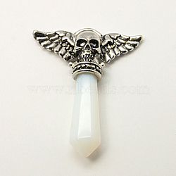 Opalite Pendants, with Alloy Pendant Settings, Faceted, Bullet with Skull, Antique Silver Metal Color, White, 47x38x9.5mm, Hole: 3x7mm(G-J063-04AS)