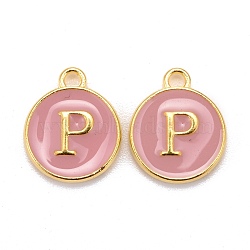 Golden Plated Alloy Enamel Charms, Cadmium Free & Lead Free, Enamelled Sequins, Flat Round with Letter, Pink, Letter.P, 14x12x2mm, Hole: 1.5mm(X-ENAM-S118-07P)