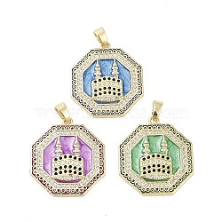 Rack Plating Brass Micro Pave Clear Cubic Zirconia Pendants, with Enamel, Long-Lasting Plated, Lead Free & Cadmium Free, Hexagon & Castle Charms, Mixed Color, 27.5x25x3mm, Hole: 3.5x6mm(KK-H474-22G)