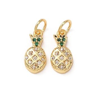 Brass Micro Pave Cubic Zirconia Charms, with Jump Rings, Cadmium Free & Lead Free, Pineapple, Champagne Yellow, Golden, 12x6x2.5mm, Hole: 3mm