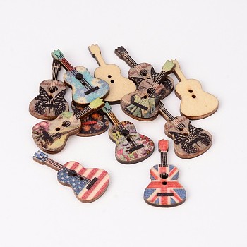 2-Hole Guitar Printed Wooden Sewing Buttons, Mixed Color, 36x18x3mm, Hole: 2mm