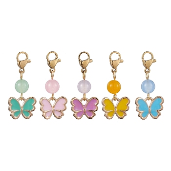 Butterfly Alloy Enamel Pendant Decorations, with Natural & Dyed Malaysia Jade Beads and 304 Stainless Steel Lobster Claw Clasps, Mixed Color, 30mm