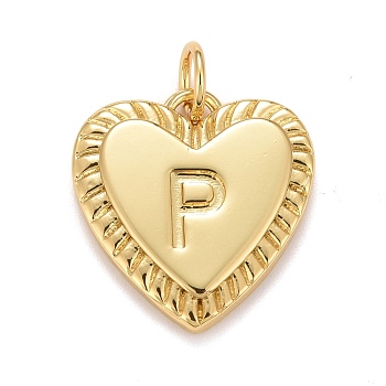 Rack Plating Real 18K Gold Plated Brass Pendants, with Jump Rings, Long-Lasting Plated, Lead Free & Cadmium Free & Nickel Free, Heart with Letter A~Z, Letter.P, 16x15x2.5mm, Jump Ring: 5x0.5mm, 3mm Inner Diameter