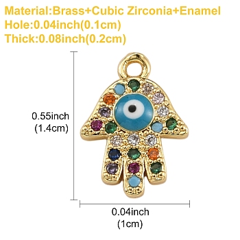 1Pc Brass Micro Pave Cubic Zirconia Charms, with Enamel, Hamsa Hand/Hand of Fatima/Hand of Miriam with Evil Eye, Golden, 14x10x2mm, Hole: 1mm