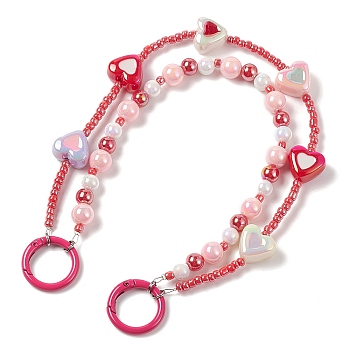 Acrylic Heart Beaded Mobile Straps, Multifunctional Chain, with Alloy Spring Gate Ring and Glass Beads, Crimson, 30.6cm