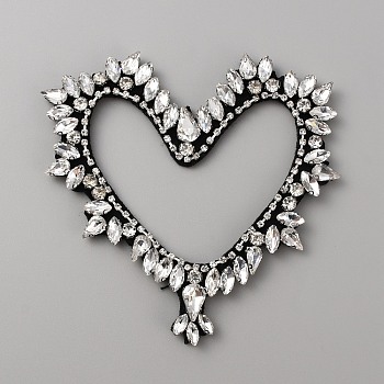 Heart Cloth Sew on Patches, Rhinestone Beading Appliques, Costume Accessories, Crystal, 98x97x6mm