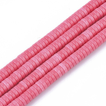 Natural Agate Beads Strands, Dyed, Heishi Beads, Flat Round/Disc, Hot Pink, 4x1mm, Hole: 1mm, about 250~329pcs/strand, 15.7 inch