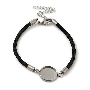 Milan Cord & 304 Stainless Steel Bracelets Making, with Round Tray, Black, Tray: 12mm, 7-1/2 inch(19cm)