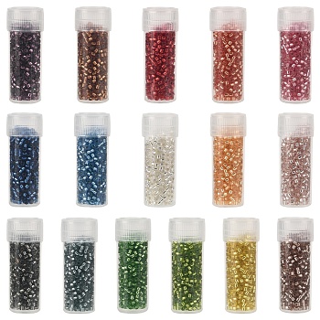 80G 16 Colors Cylinder Seed Beads, Silver Lined, Round Hole, Uniform Size, with 16Pcs Plastic Refillable Bottles, Mixed Color, 2x1.5mm, Hole: 0.8mm, 5g/color 