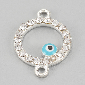 Alloy Rhinestone Links connectors, Cadmium Free & Lead Free, Ring with Evil Eye, Sky Blue, Silver Color Plated, 19.5x14x2mm, Hole: 1mm