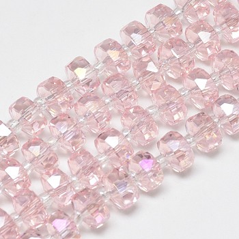 Electroplate Glass Beads Strands, Rainbow Plated, Faceted, Flat Round, Pink, 7~8x5mm, Hole: 1mm, about 80pcs/strand, 21.26 inch