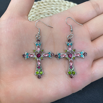Cross Bohemian Style Alloy Crystal Rhinestone Dangle Earrings, Platinum, Colorful, 35x26mm