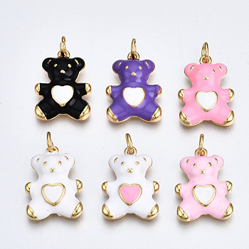 Brass Enamel Pendants, with Jump Rings, Nickel Free, Real 16K Gold Plated, Bear with Heart, Mixed Color, 18x13.5x3.5mm, Jump Ring: 5x0.8mm, 3mm inner diameter
