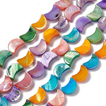 Natural Freshwater Shell Beads Strands, Dyed, Moon, Colorful, 10x7.5x3mm, Hole: 0.6mm, about 32pcs/strand, 12.80 inch(32.5cm)