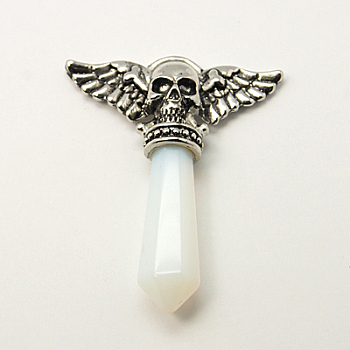 Opalite Pendants, with Alloy Pendant Settings, Faceted, Bullet with Skull, Antique Silver Metal Color, White, 47x38x9.5mm, Hole: 3x7mm